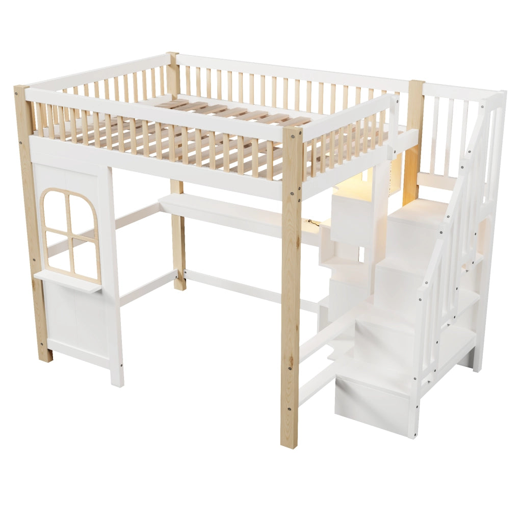 Letto a soppalco matrimoniale 140×200 cm con LED; scrivania; ripiani e scala contenitore; senza materasso; bianco naturale