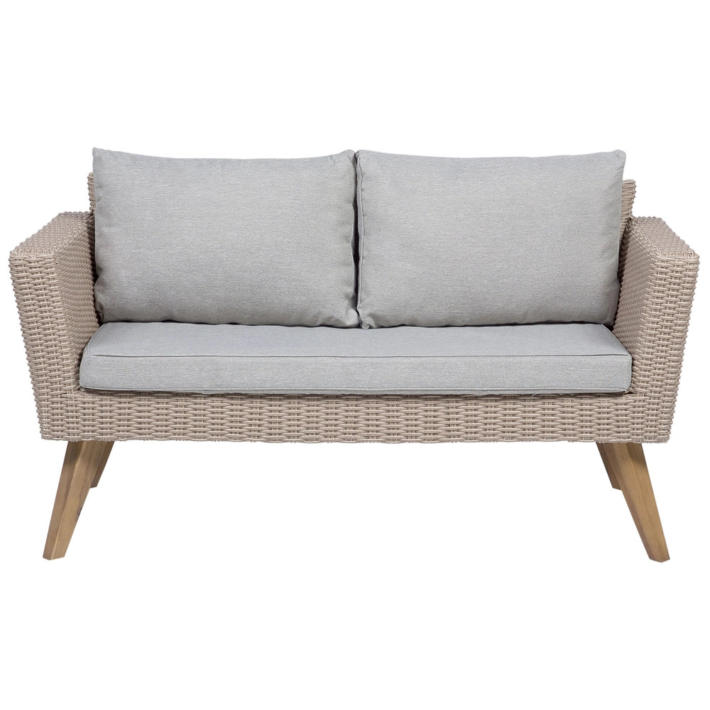 Set Esterno Rattan di colore Marrone Divanetto 2 Poltrone Tavolino Cuscini Grigi terrazzo giardino