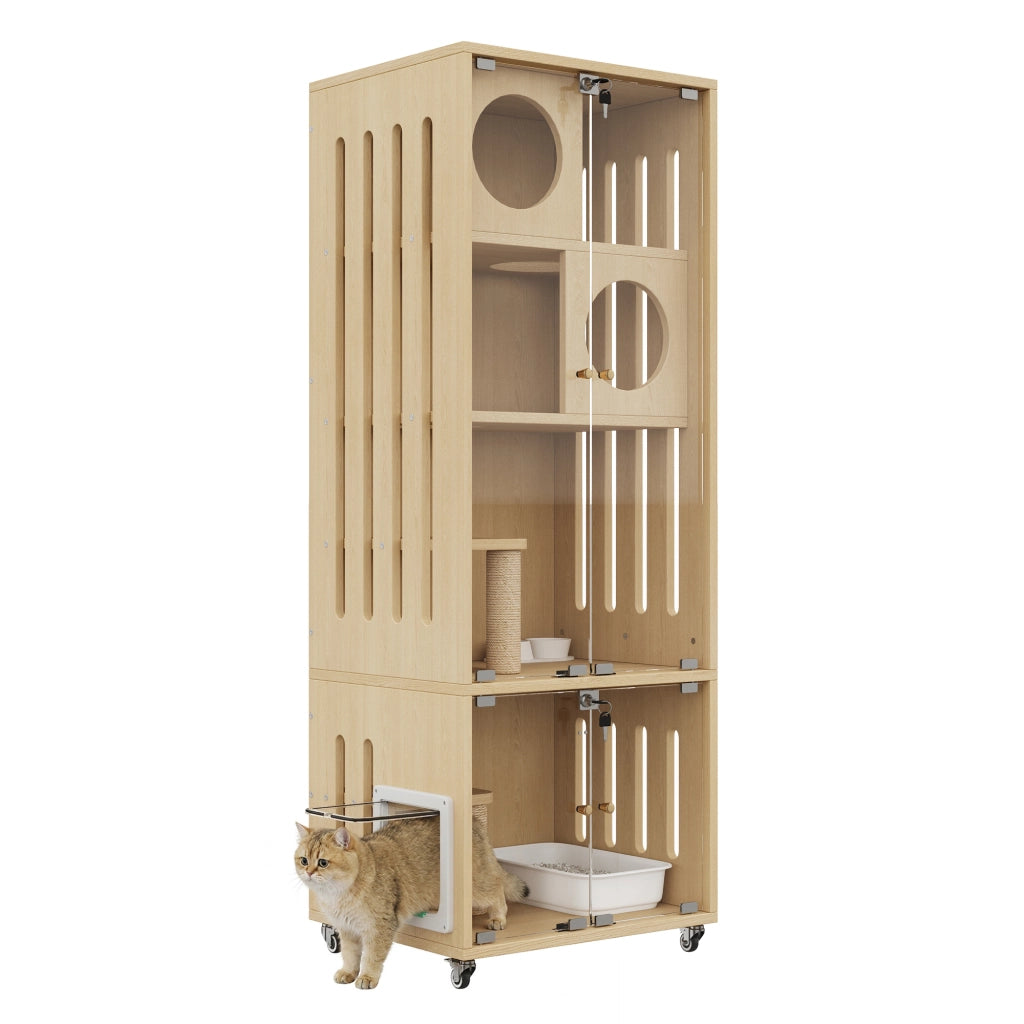Albero tiragraffi per gatti con ruote e sportello in vetro con serratura per interno in MDF e vetro naturale 60×50×156 cm