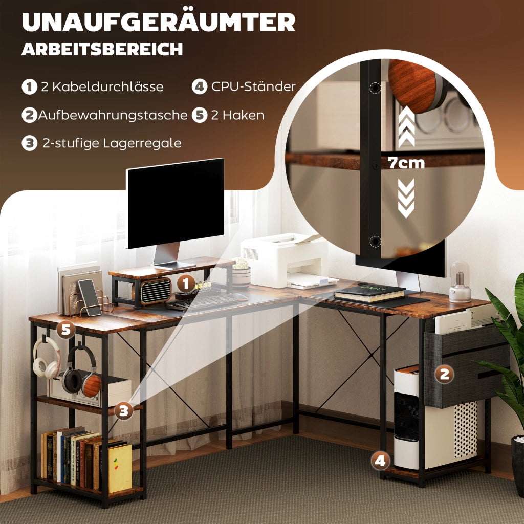 Scrivania angolare a L 168 x 120 cm con vani portaoggetti, borsa portaoggetti, scrivania reversibile per computer con supporto per monitor, scrivania