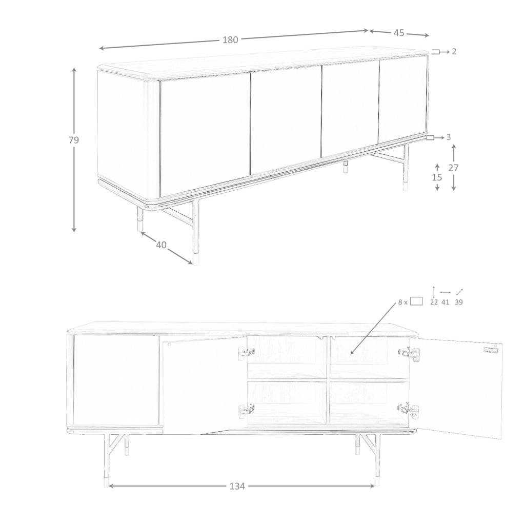 Credenza in legno grigio scuro, acciaio nero e piano in noce