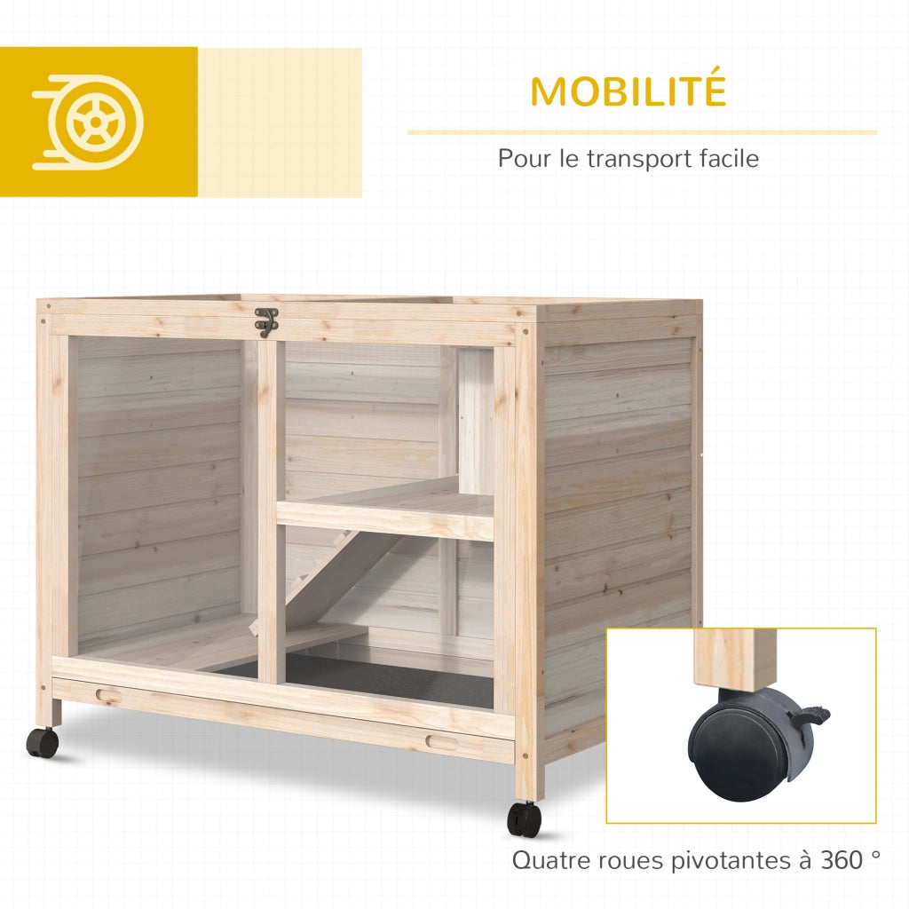 Gabbia per conigli a 2 piani con ruote ¨C Xylo ¨C legno massello naturale 91,5x53,3x73 cm
