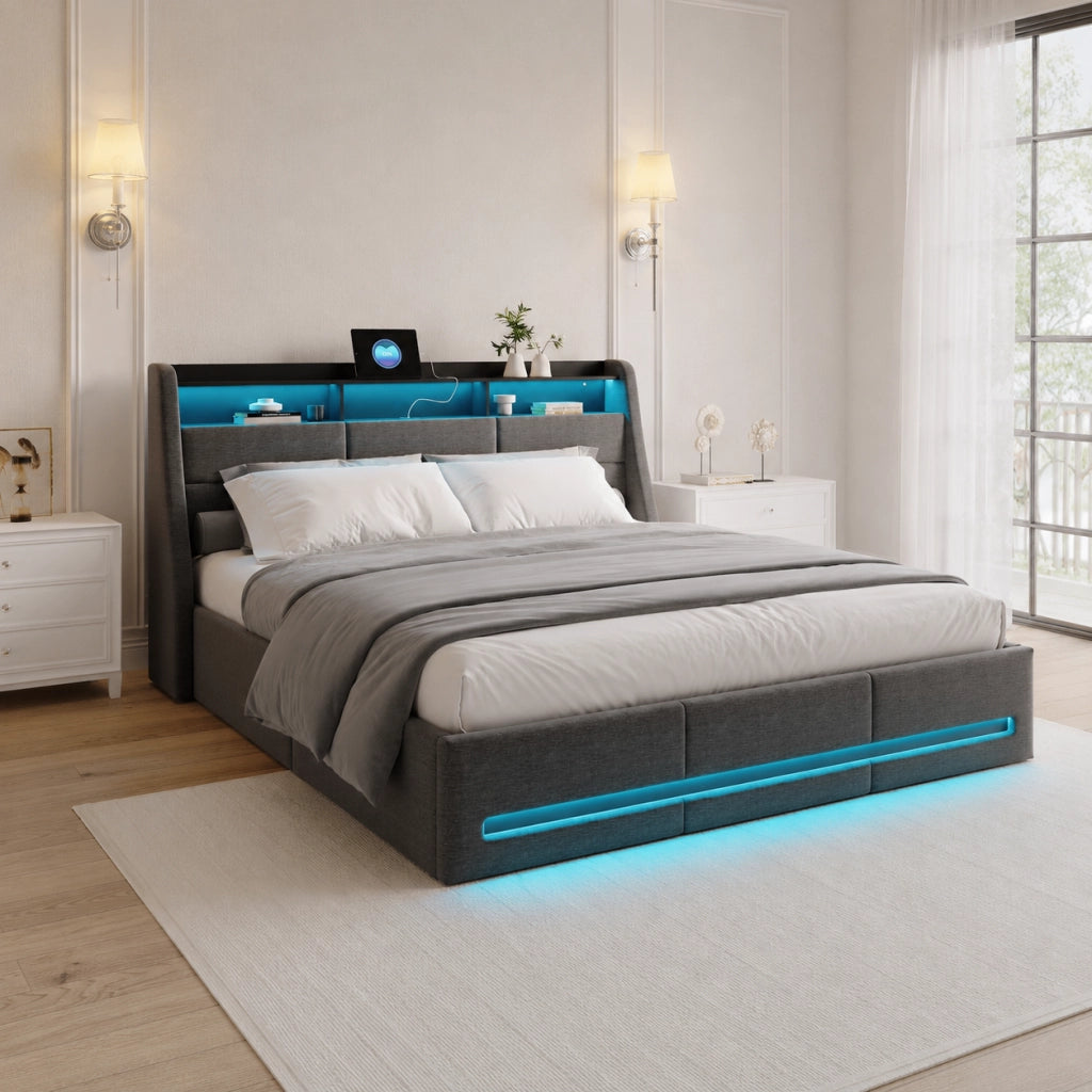 Letto matrimoniale con contenitore idraulico 140×200 cm, tessuto grigio, effetto sospeso LED RGB, testiera con vani, ricarica USB e USB‑C