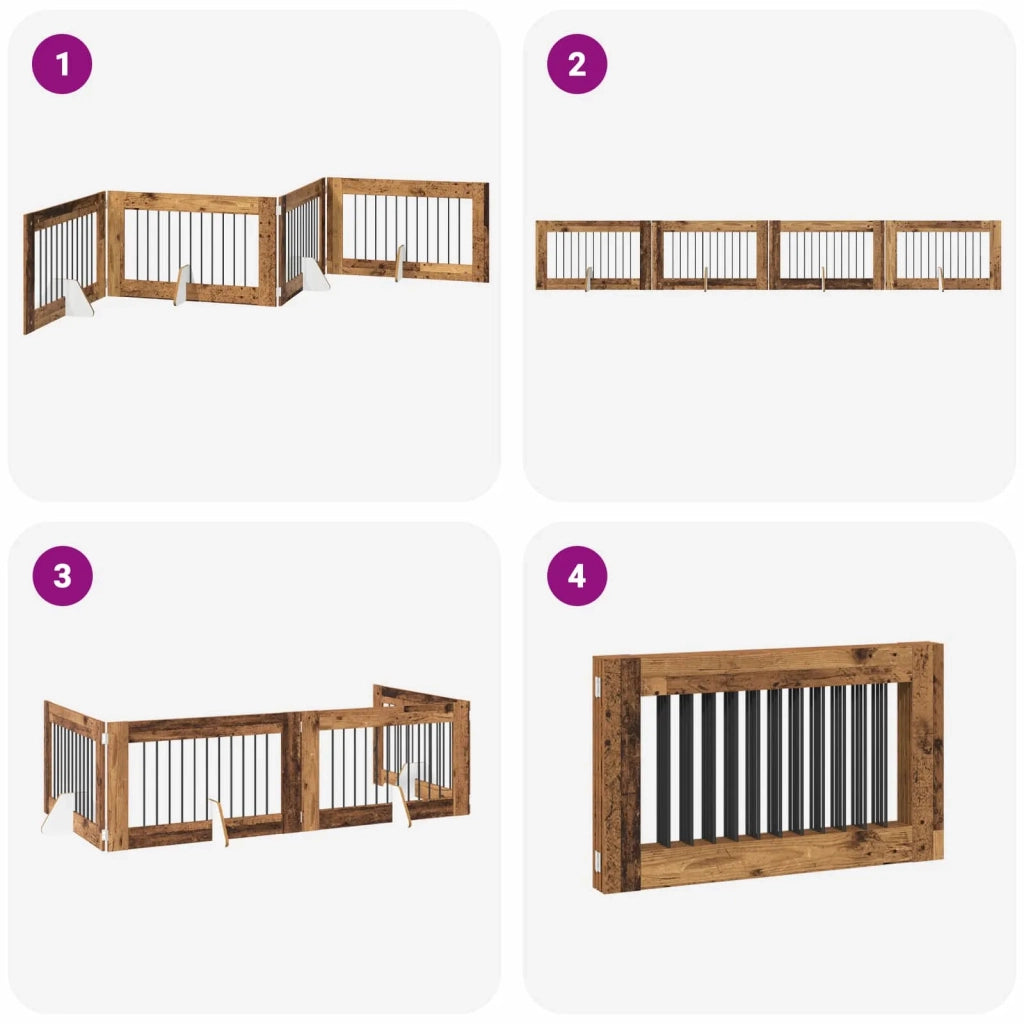 Cancello per cani pieghevole con supporti 4 pcs Legno antico 892119