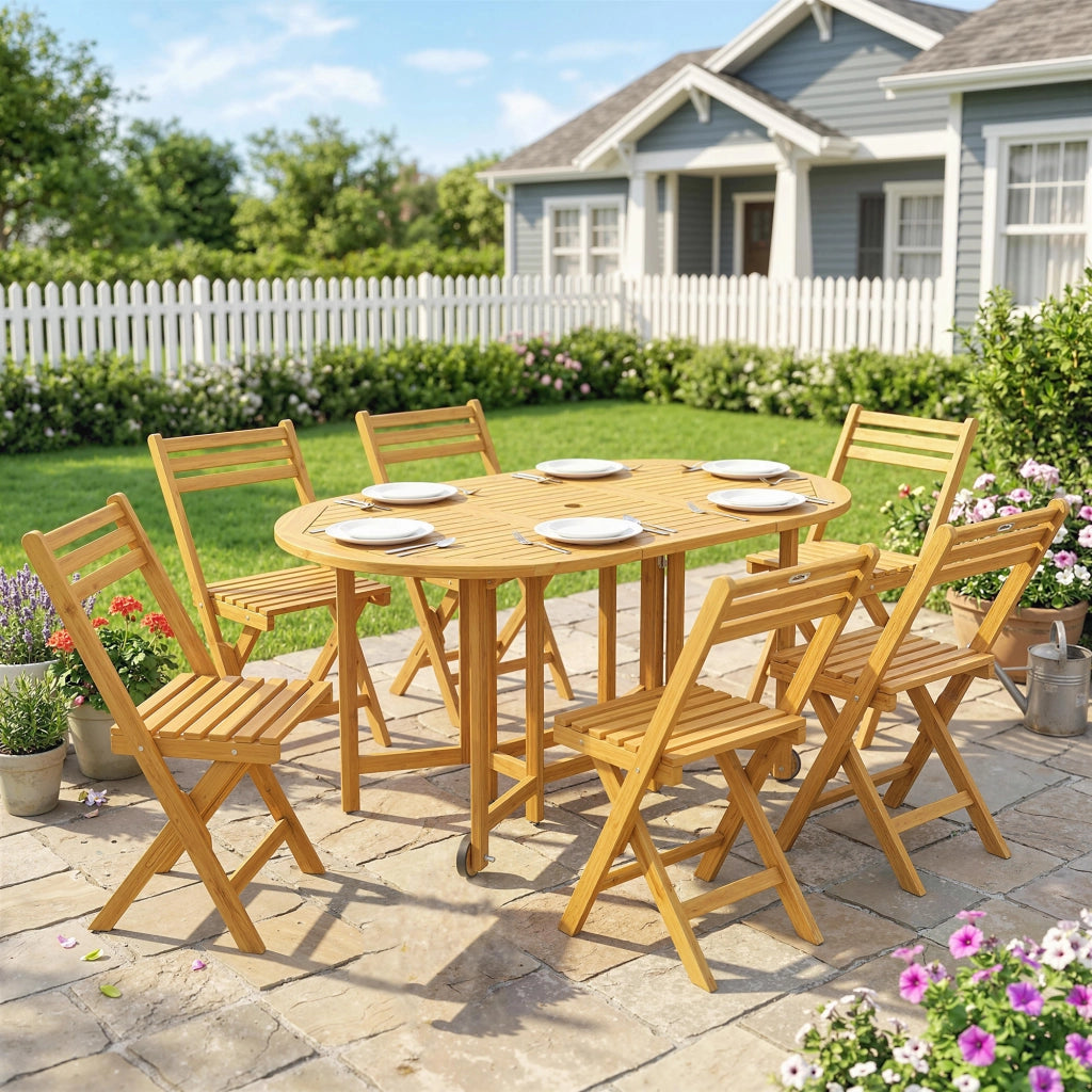 Set da Giardino 7 Pezzi con Tavolo Allungabile e 6 Sedie Pieghevoli ¨C zephmum ¨C Legno FSC Grigio