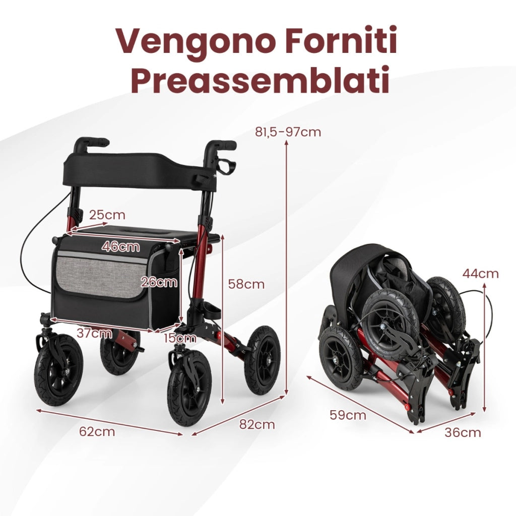 Deambulatore pieghevole con pneumatici per tutti i terreni per anziani, Deambulatore pieghevole e struttura leggera Rosso-Salute e bellezza