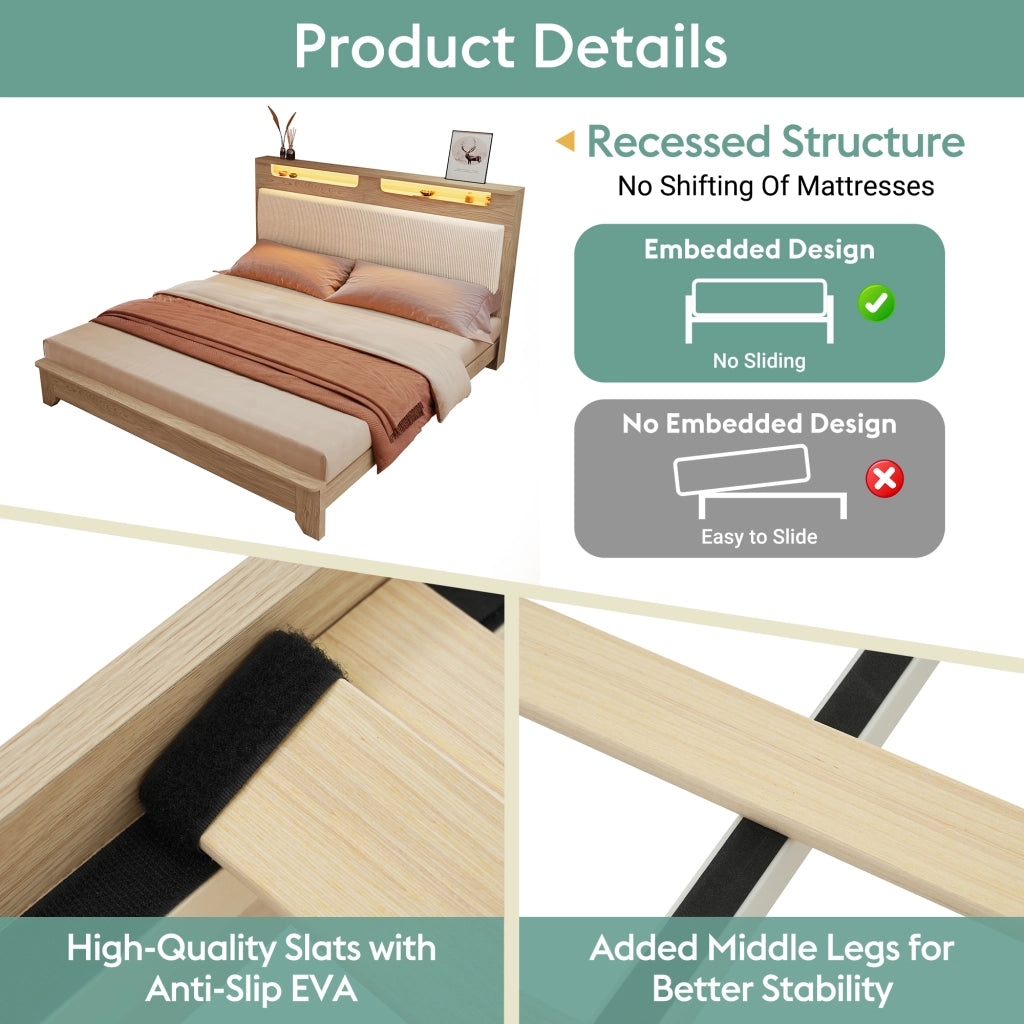 Letto matrimoniale 140×200 cm con LED; testiera con ripiano e panca contenitore; materasso incluso; legno; beige