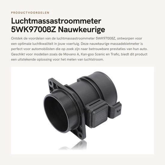 Misuratore di massa di aria compatibile con Movano/Vivaro/Scénic - Codice prodotto 5WK97008Z - Misuratore di massa di aria - Misuratore di flusso di aria preciso - Adatto per motori da 101 a 146 kW - Misuratore di flusso di aria