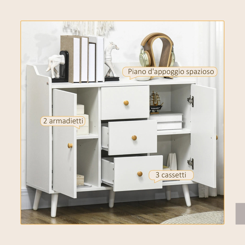 Credenza Moderna con 3 Cassetti e 2 Ante ¨C Minimal ¨C Bianco 90x32x80 cm