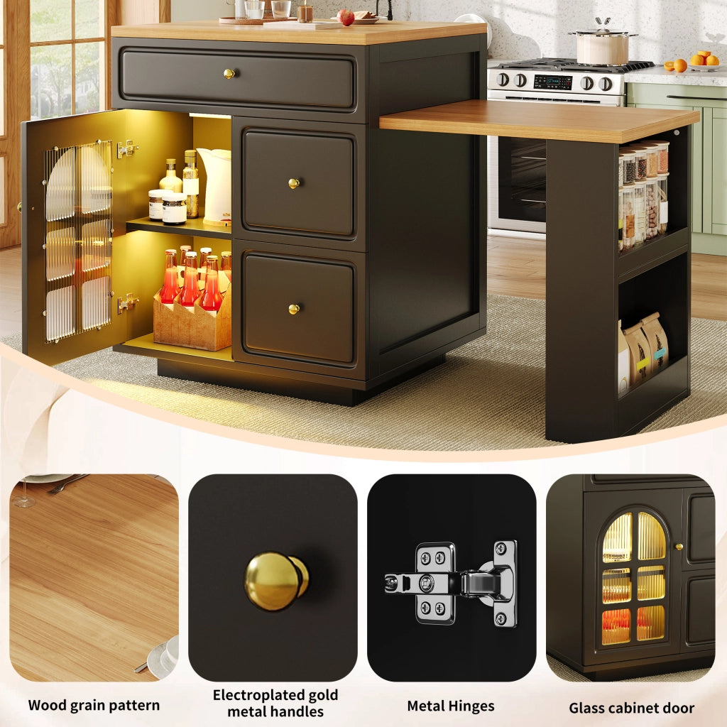 Mobile contenitore da cucina allungabile con 4 cassetti, ripiani e LED RGB, per cucina e sala da pranzo, in MDF, nero