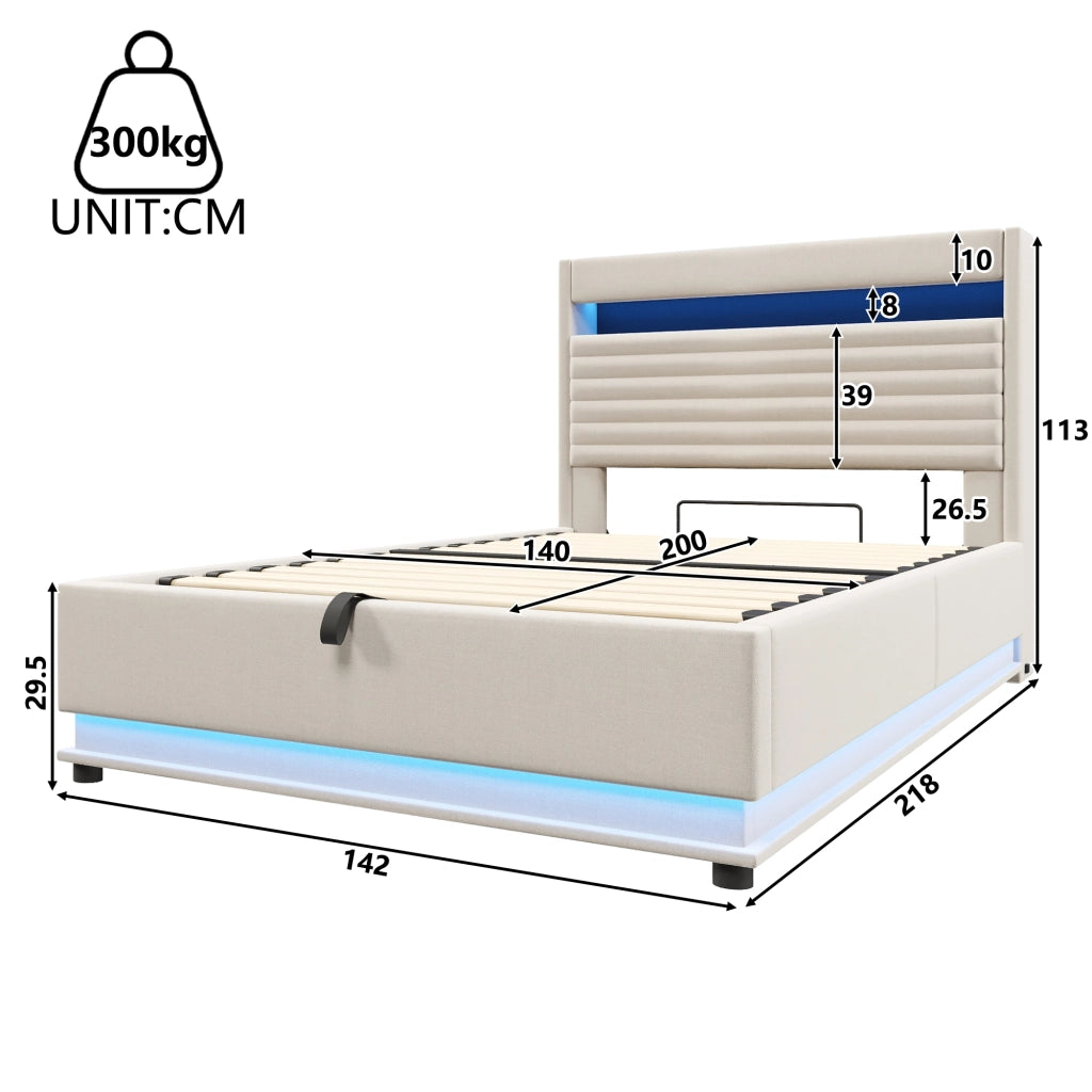 Letto imbottito 140x200 cm beige con LED, USB-C e contenitore