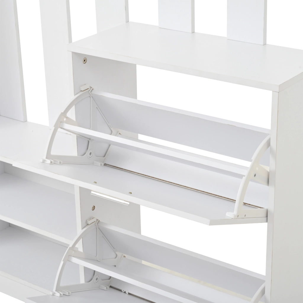 OKWISH Set da 1 Mobile da Ingresso con Specchio, 2 Scarpiere, Ripiani e 5 Ganci, Pannello di Truciolare Bianco