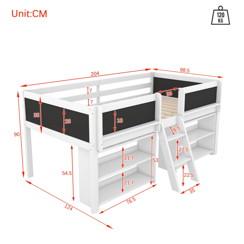 LETTO Semialto 90x200 cm Bianco con scala e vani contenitori