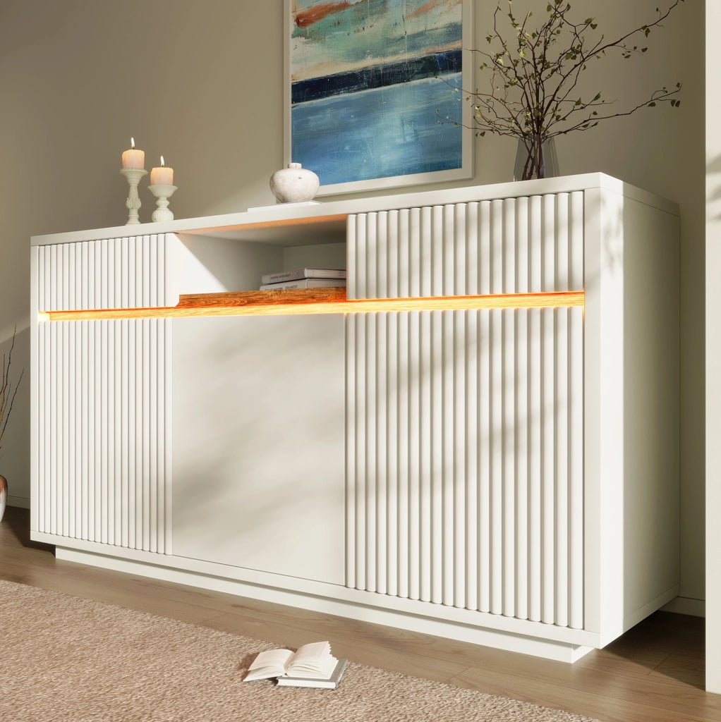 Credenza bianca moderna con LED; 140x40x85 cm; in MDF e truciolare