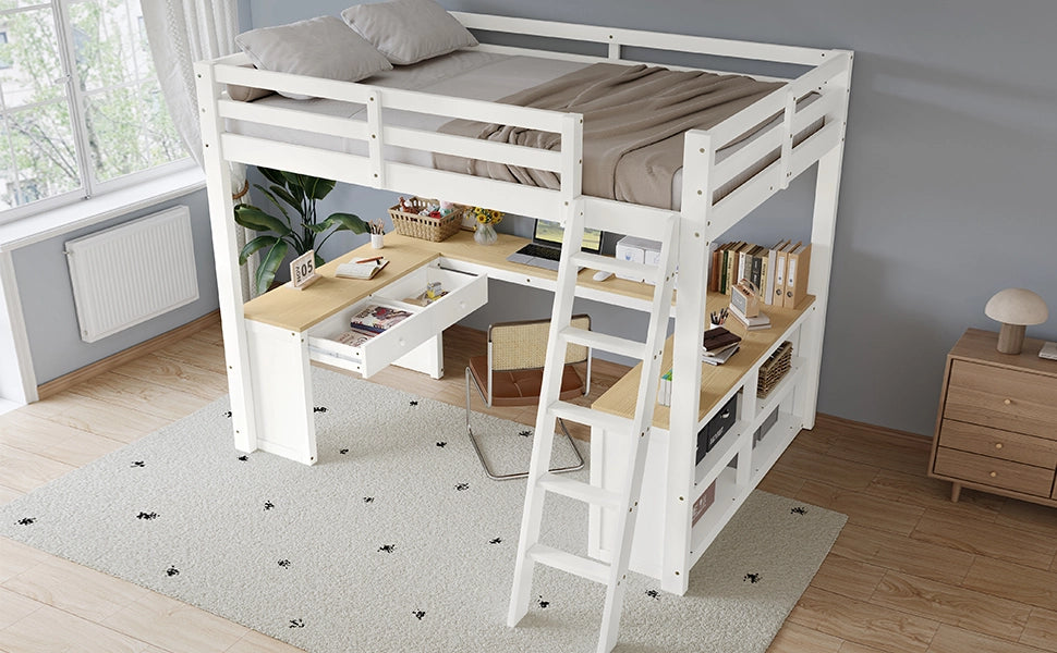 DESMIU Letto a soppalco per bambini 140 × 200 cm 1 posto con scrivania a U, 2 cassetti, ripiano, senza materasso, bianco e naturale