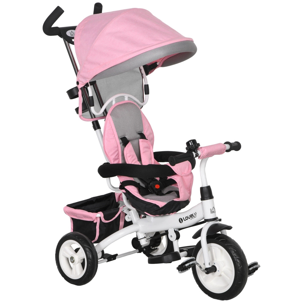 Triciclo 6-in-1 con maniglia, tettuccio e cestino ¨C Xylo ¨C Rosa, 1-5 anni