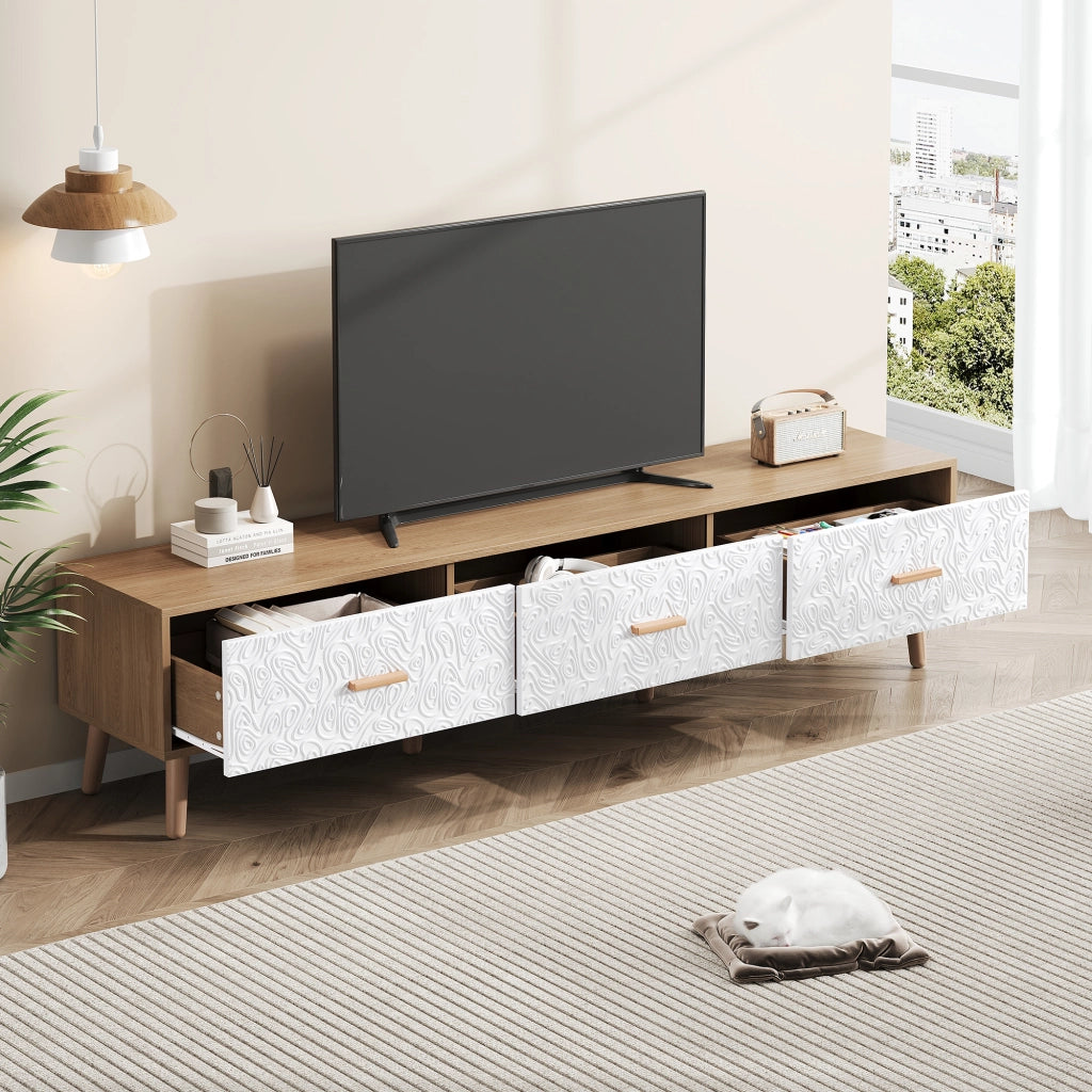 Mobile TV vintage con 3 cassetti e vano con ante testurizzate per soggiorno; in truciolare bianco e legno; 150×35×39 cm