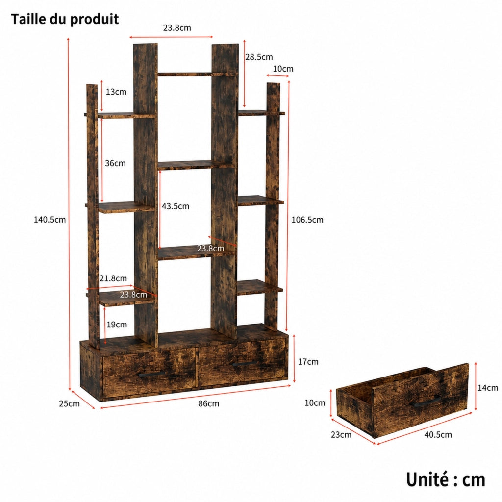 LIBRERIA con 2 cassetti 130,2x34,7x17,2 cm Marrone Metallo e Legno
