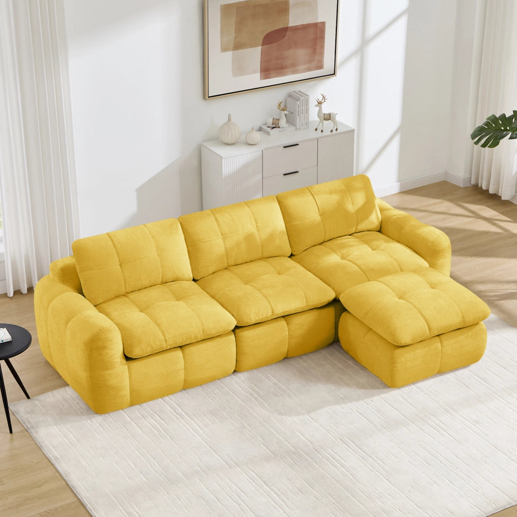 Divano modulare angolare a 3 posti con pouf 264x160x68 cm in chenille gialla