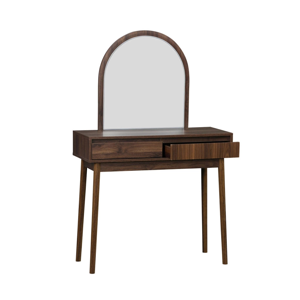 Toeletta trucco decorata in legno con specchio e 2 cassetti, 90cm,