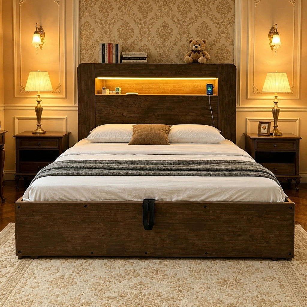 Letto in legno 140x200 cm, con contenitore e ripiani, illuminazione a LED, presa di ricarica, stile retro, marrone