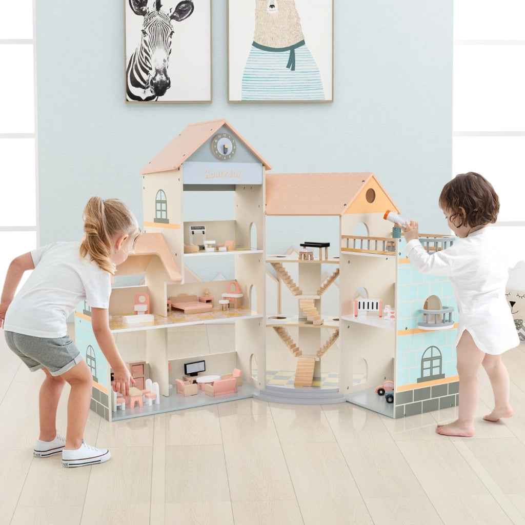 Casa delle bambole con tetto arancione con 41 mobili e accessori, Casetta delle bambole ad angolo in legno