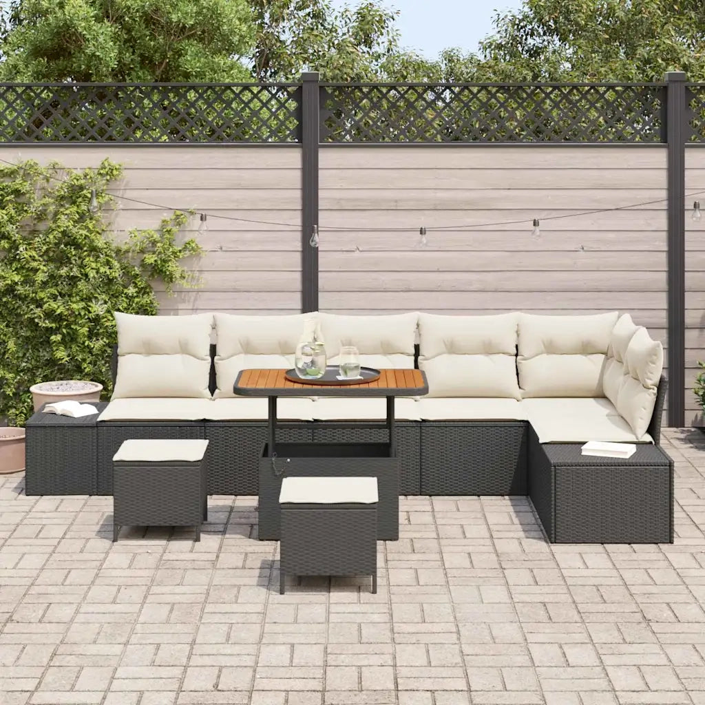 Set Divano da Giardino con cuscino 9 pcs Nero Poly Rattan