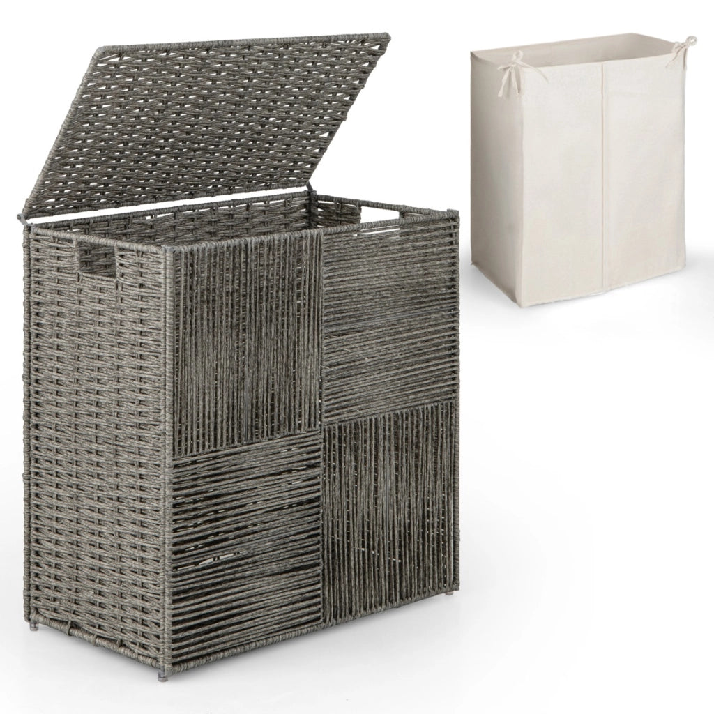 Cesto per il bucato da 110L con coperchio-Cesto per il bucato intrecciato a mano in rattan con comode maniglie Grigio