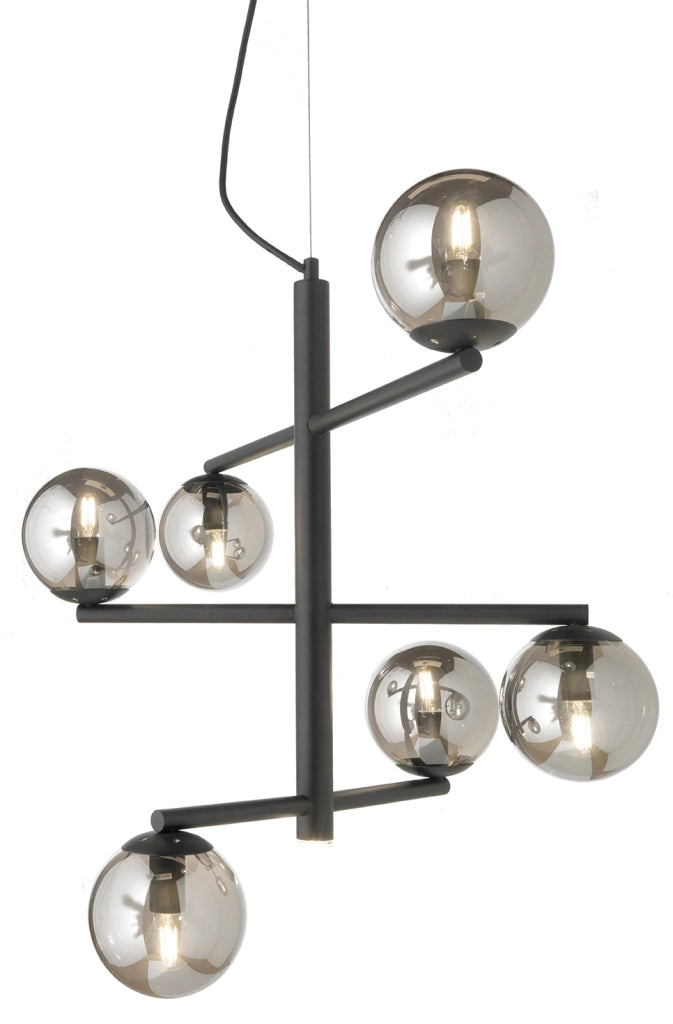 SOSPENSIONE GIZAH NERO VETRI FUME' 6 LUCI ATTACCO E14 PIU' LED INTEGRATO 5W 420LM