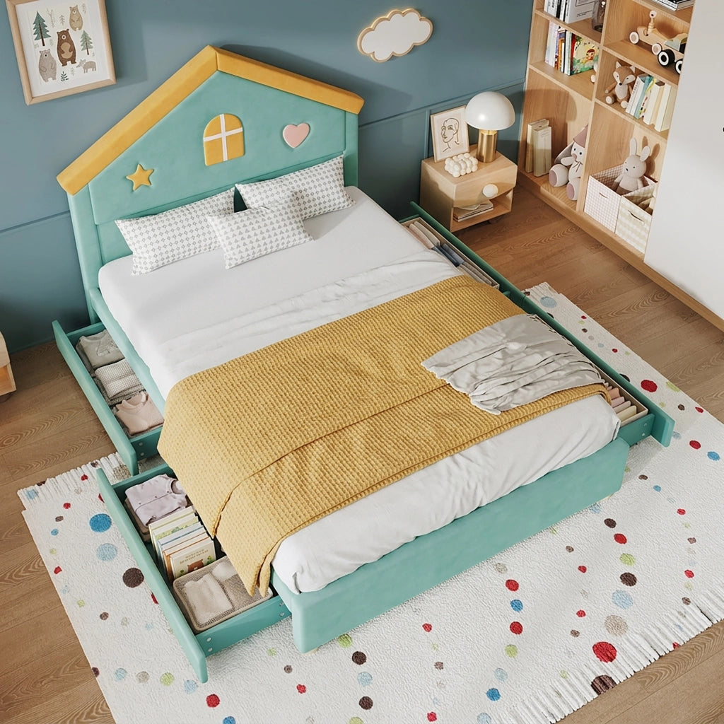 letto per bambini velluto blu verde 140 x 200 cm
