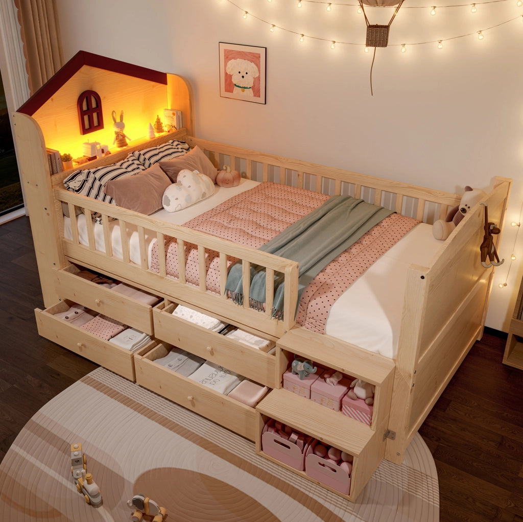 Letto per bambini a casetta 90x200 cm con LED, 4 cassetti e scala contenitore