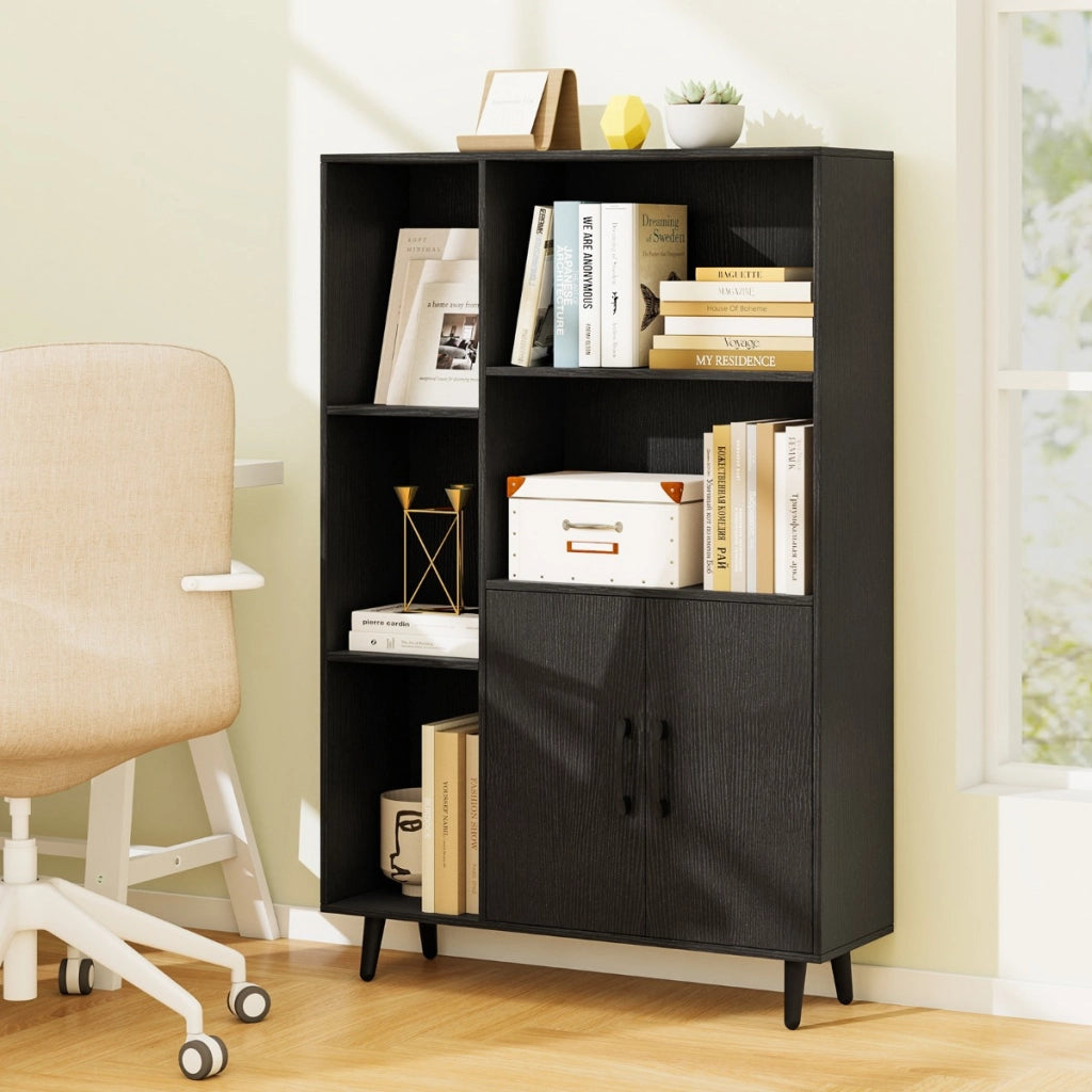 Libreria autoportante con 5 scomparti aperti e armadio, Mobile espositore moderno con piedi in metallo Nero-Librerie