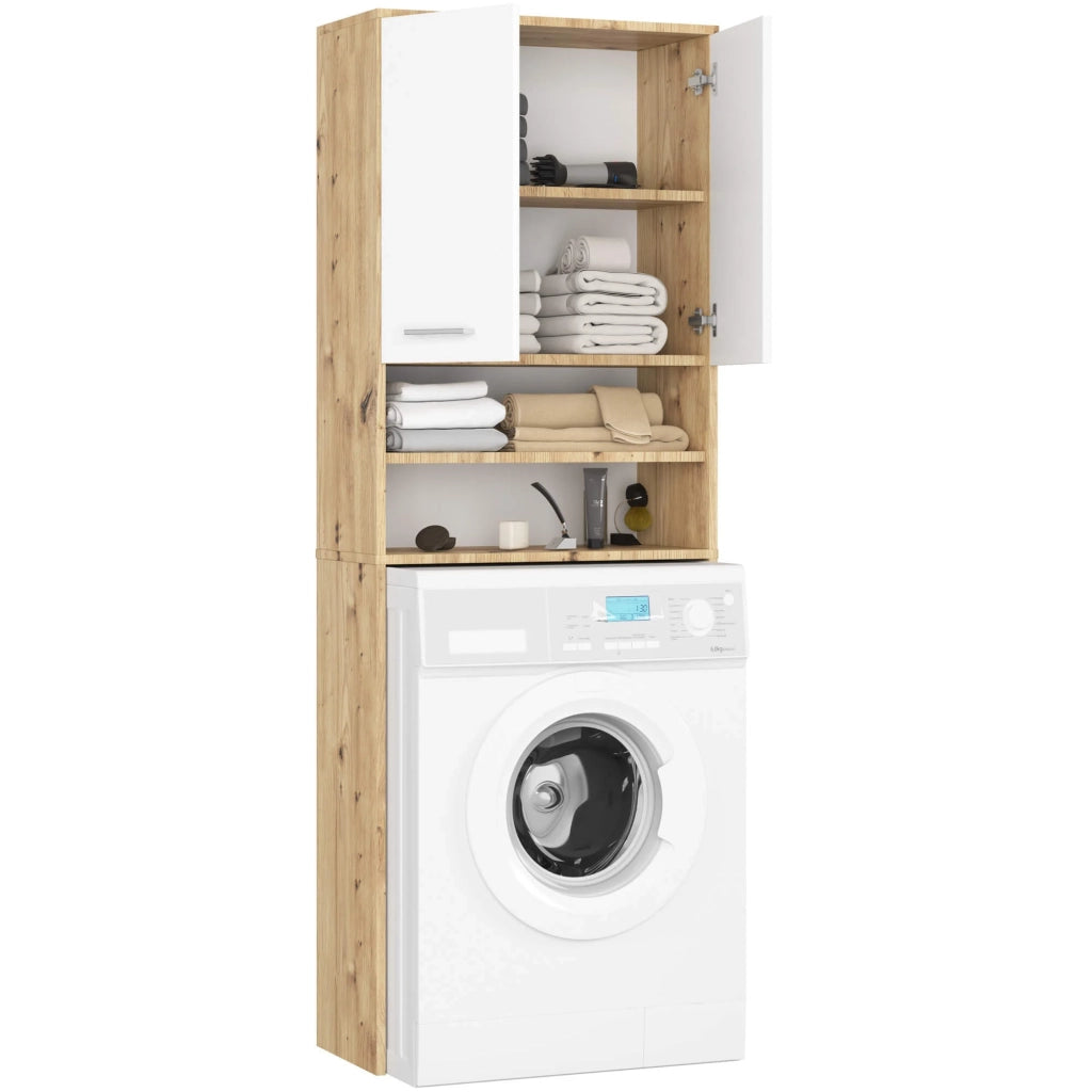Colonna da bagno AKORD FIN per incasso di una lavatrice Quercia Artisan 64 cm 2 ante inserto frontale Bianco 64x30x180 cm