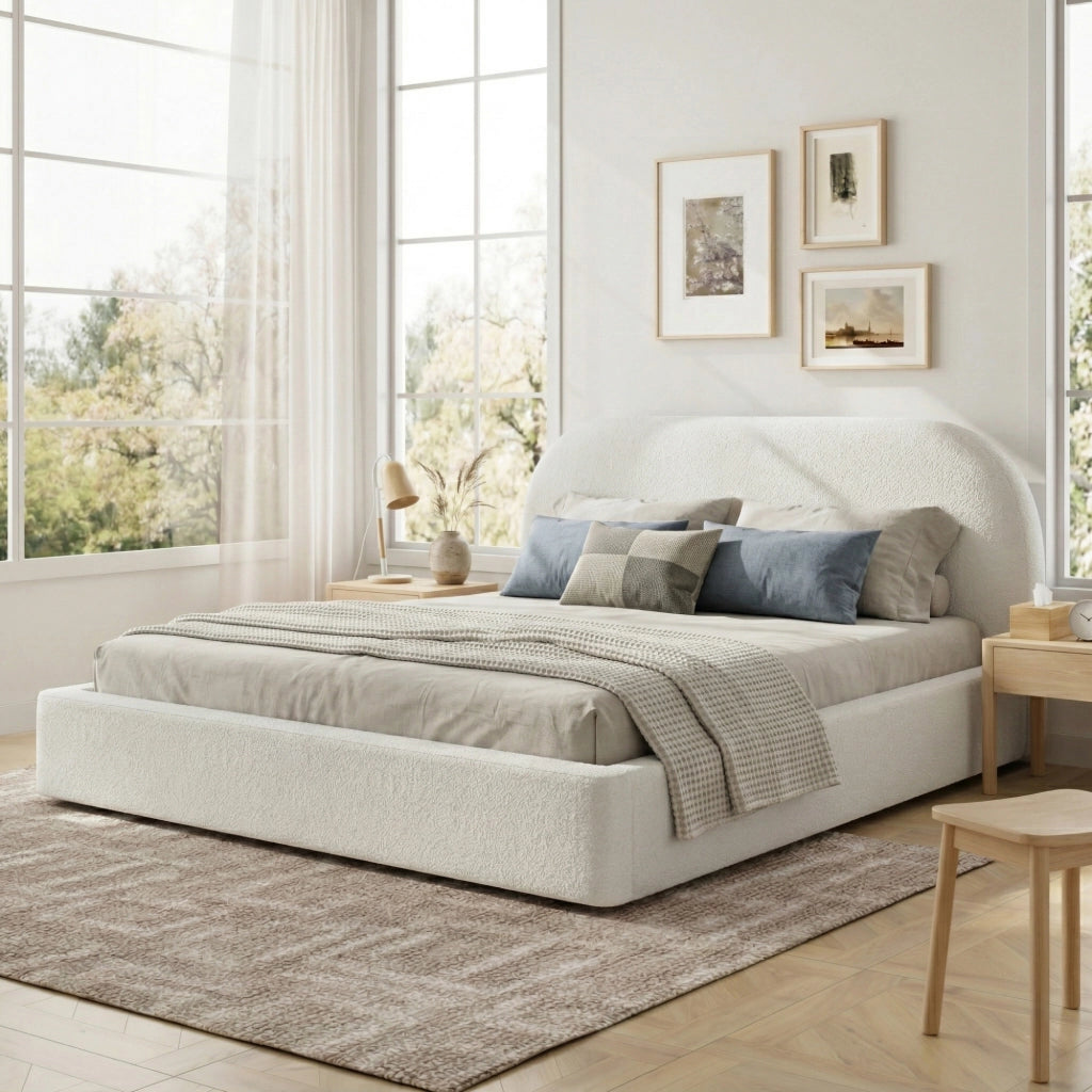 DESMIU Letto matrimoniale 180 × 200 cm 2 posti con testiera imbottita, senza materasso, bouclé beige