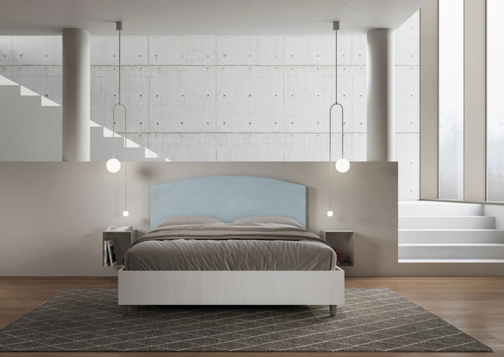 Letto Matrimoniale 160x200 cm con Rete e Contenitore Alzata Comoda Struttura Bianco Frassico e Testata in Microfibra