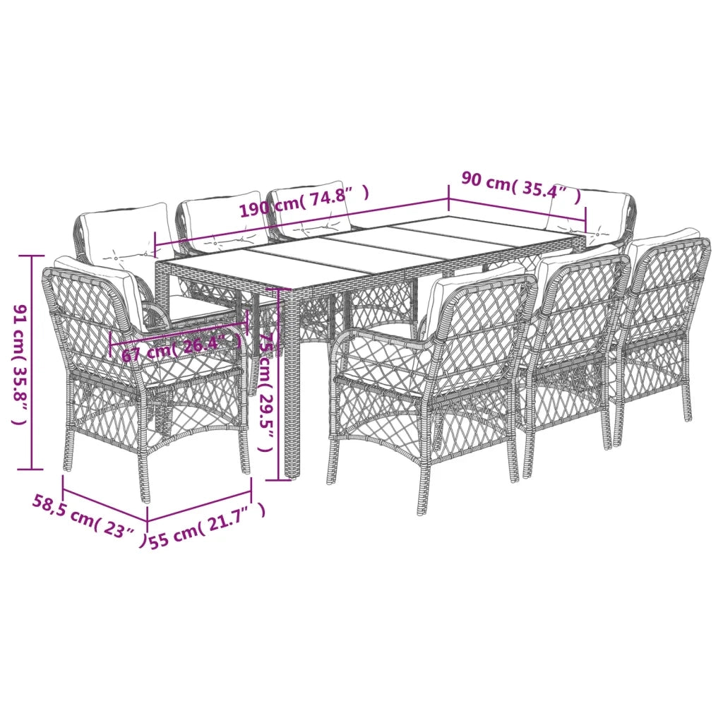 Set da Pranzo da Giardino 9 pz con Cuscini in Polyrattan Grigio 3212035