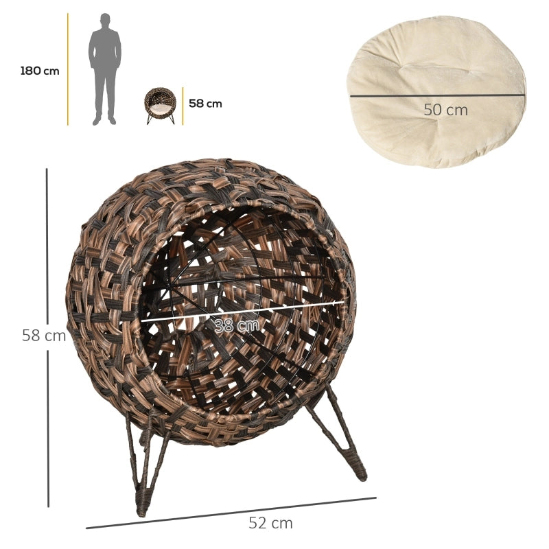 Casetta per gatti in rattan con cuscino, cuccia, grotta per gatti con piedini rialzati, marrone, ?52 x 58 cm