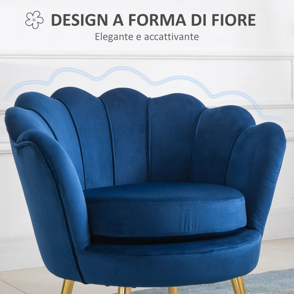 Poltrona a Conchiglia, Poltroncina Vintage, Poltroncina da Camera e Salotto, Design Elegante, con Schienale Alto, 76x67x74cm, Blu