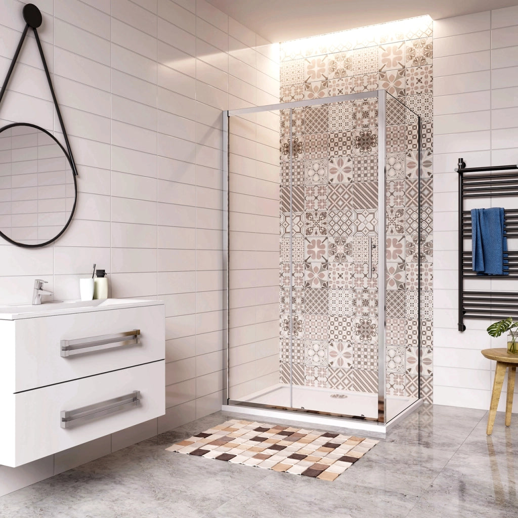 185 cm Box Doccia Angolare Porta Scorrevole con Parete Fissa Vetro Temperato 5 mm Trasparente Telaio Cromato Lucido 100x70 cm