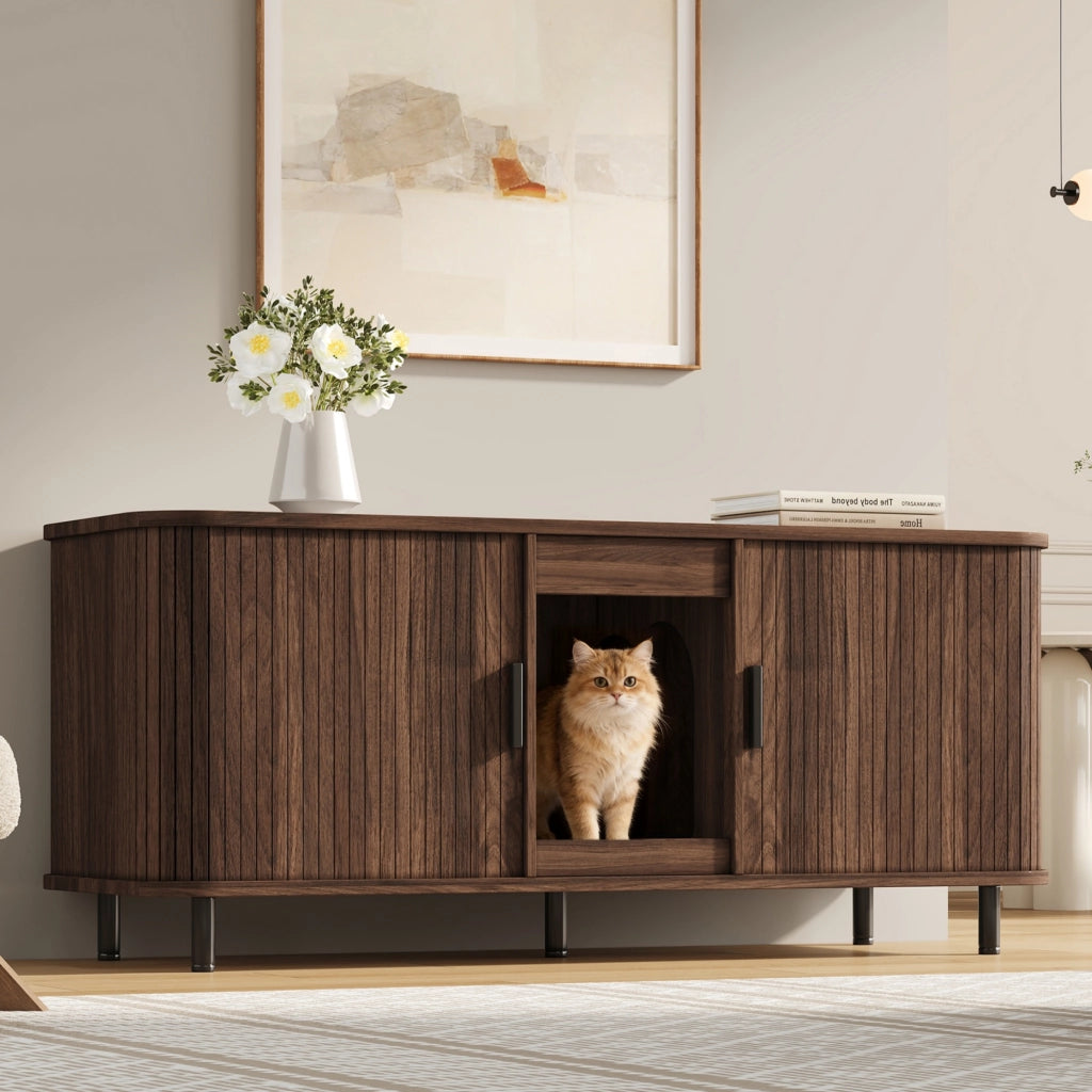 Mobile Lettiera per 2 Gatti 140×50×60 cm con 2 Porte Scorrevoli; Tappetino Raccogli Sabbia e Piedini in Metallo