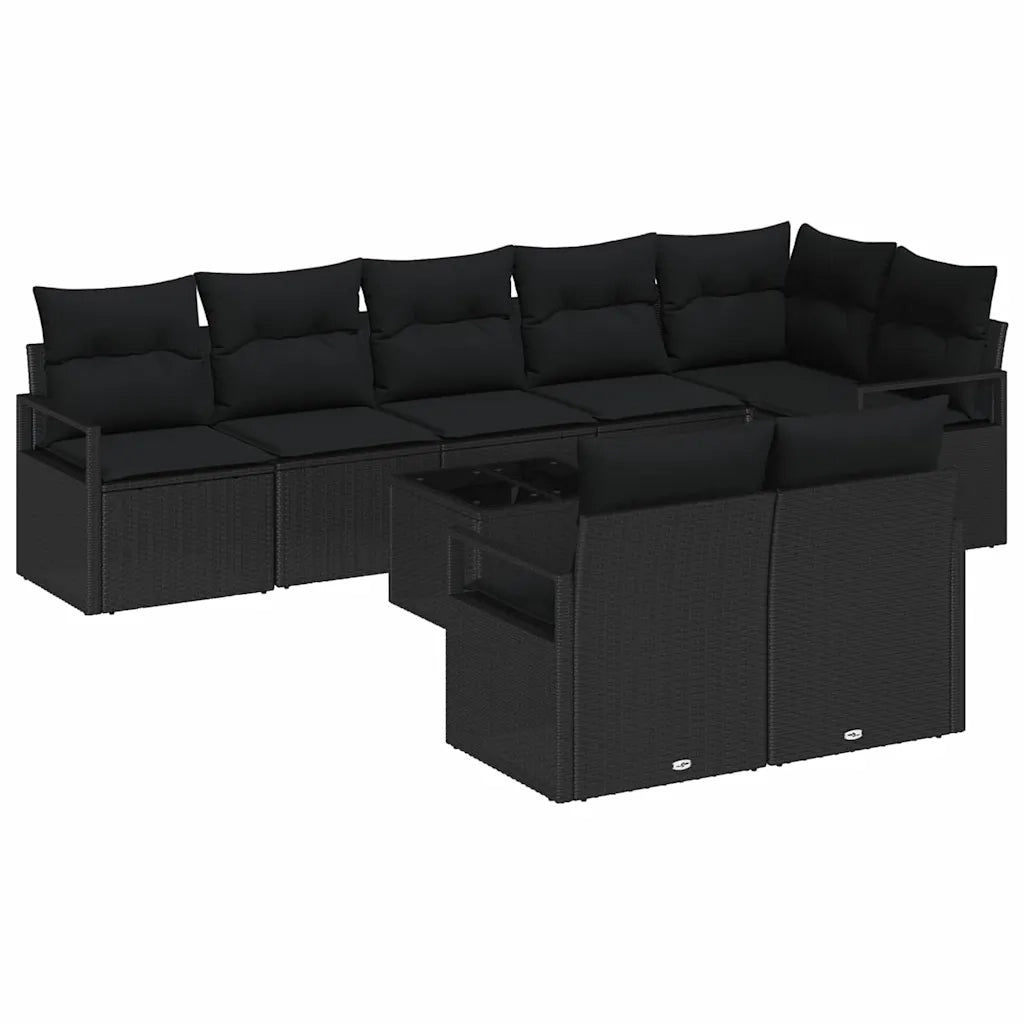 Set Divano da Giardino con cuscino 9 pcs Nero polyrattan