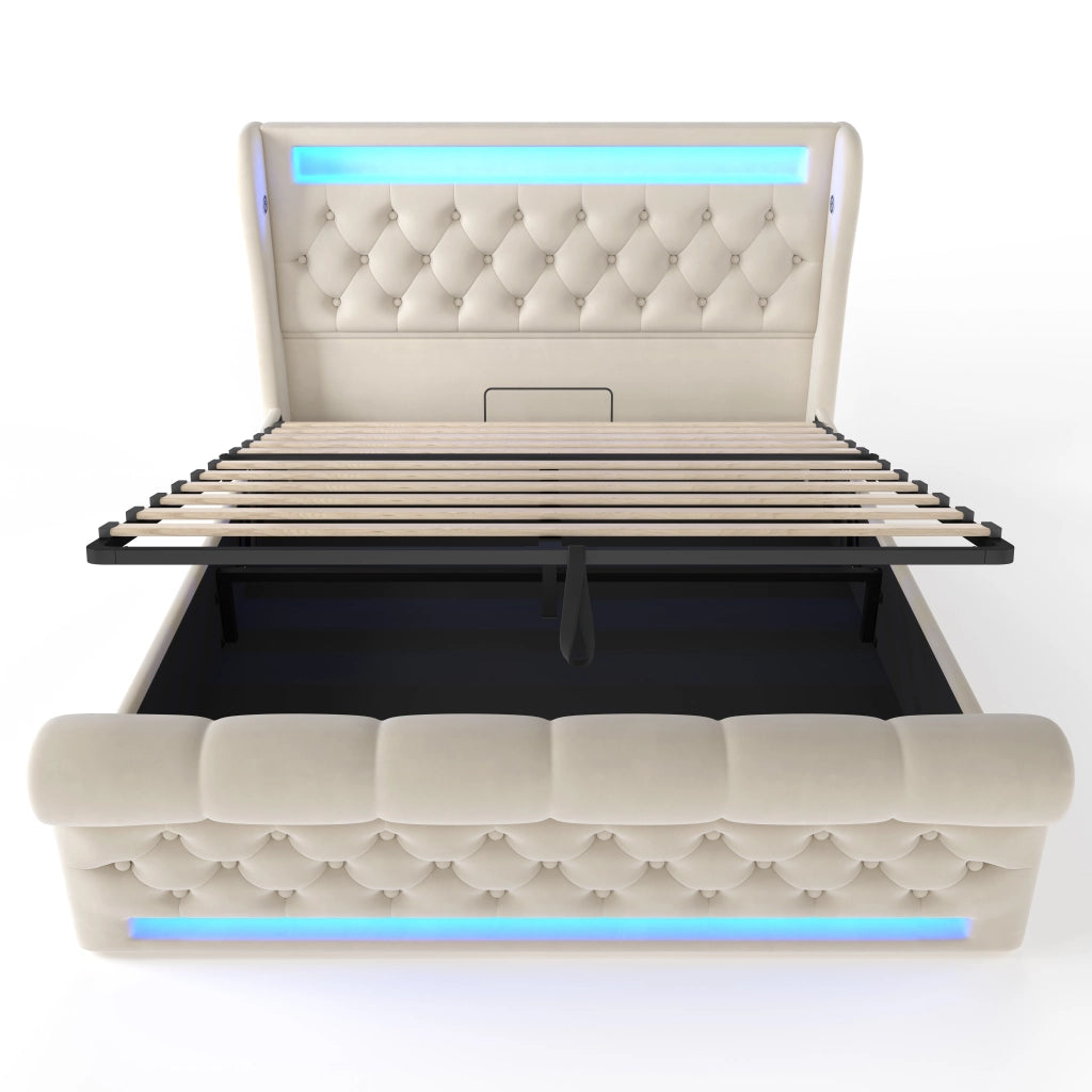Letto Contenitore Matrimoniale Imbottito con LED ¨C MINIMAL ¨C Velluto Beige 140x190, Testiera USB, Idraulico