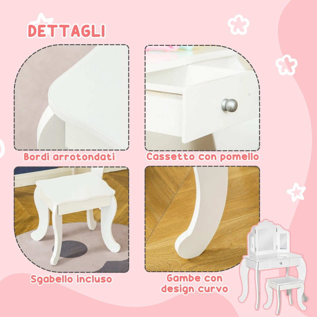 Tavolo da trucco bambini con sgabello e specchio ¨C Minimal ¨C Legno e acrilico bianco 63x40x85.5