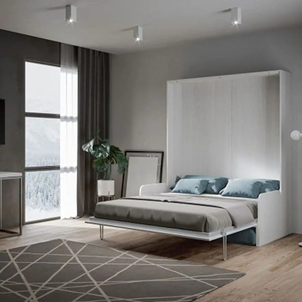 Letto matrimoniale a scomparsa 160 Kentaro con divano bianco frassino, azzurro
