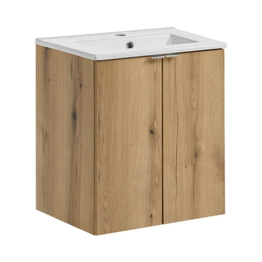 Set da bagno sospeso VANO in rovere e bianco 50cm: mobili sotto lavabo con armadietti + lavabo incassato