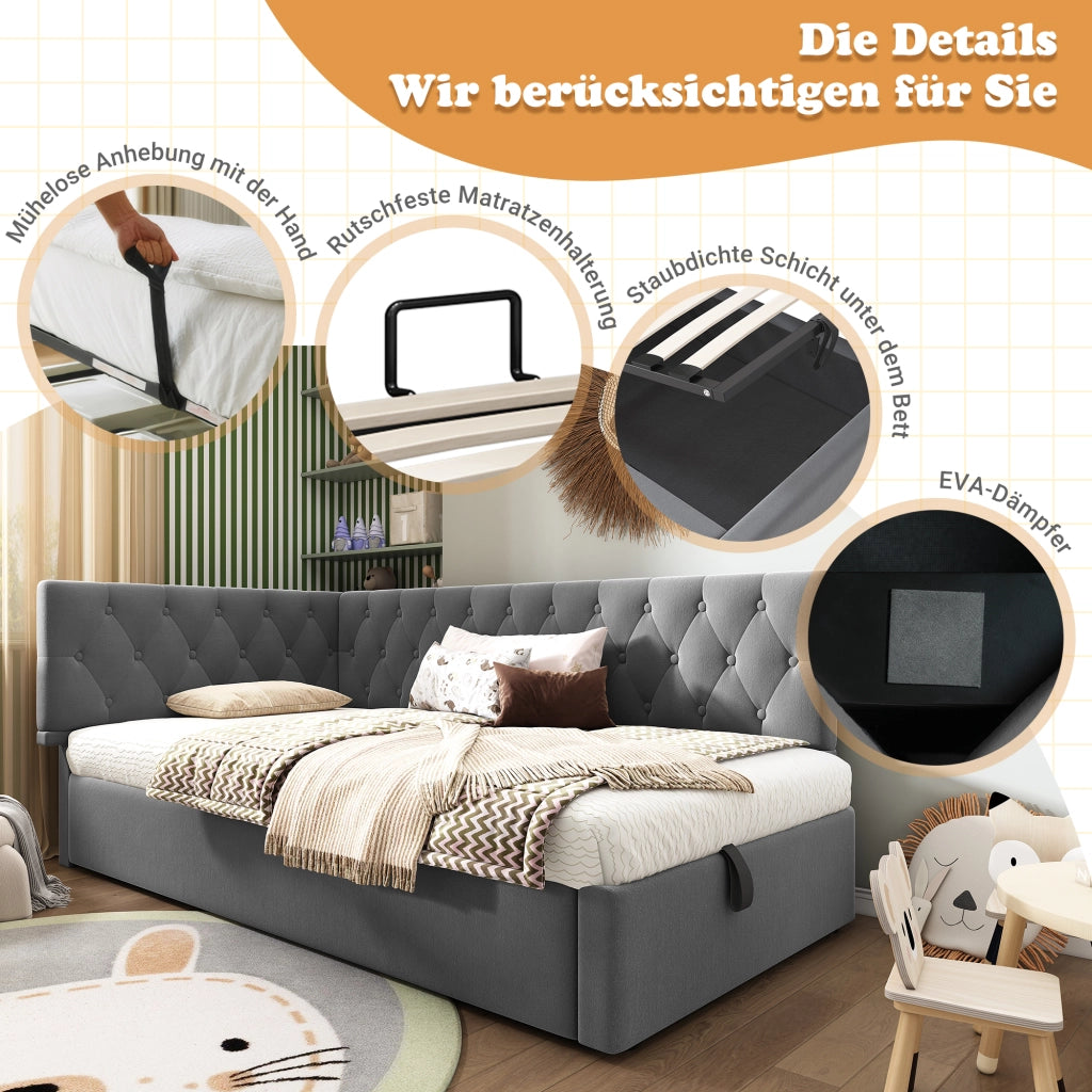 DESMIU Divano letto 90 × 190 cm 1 posto con contenitore idraulico e testiera reversibile, senza materasso, in velluto, grigio