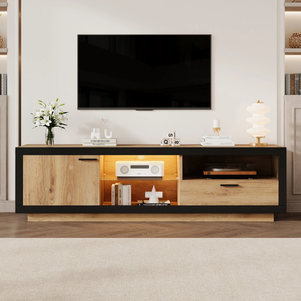 Mobile TV LED moderno con ripiani in vetro, cassetto e vano contenitore, per TV fino a 70 pollici, nero e rovere