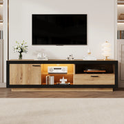 Mobile TV LED moderno con ripiani in vetro, cassetto e vano contenitore, per TV fino a 70 pollici, nero e rovere