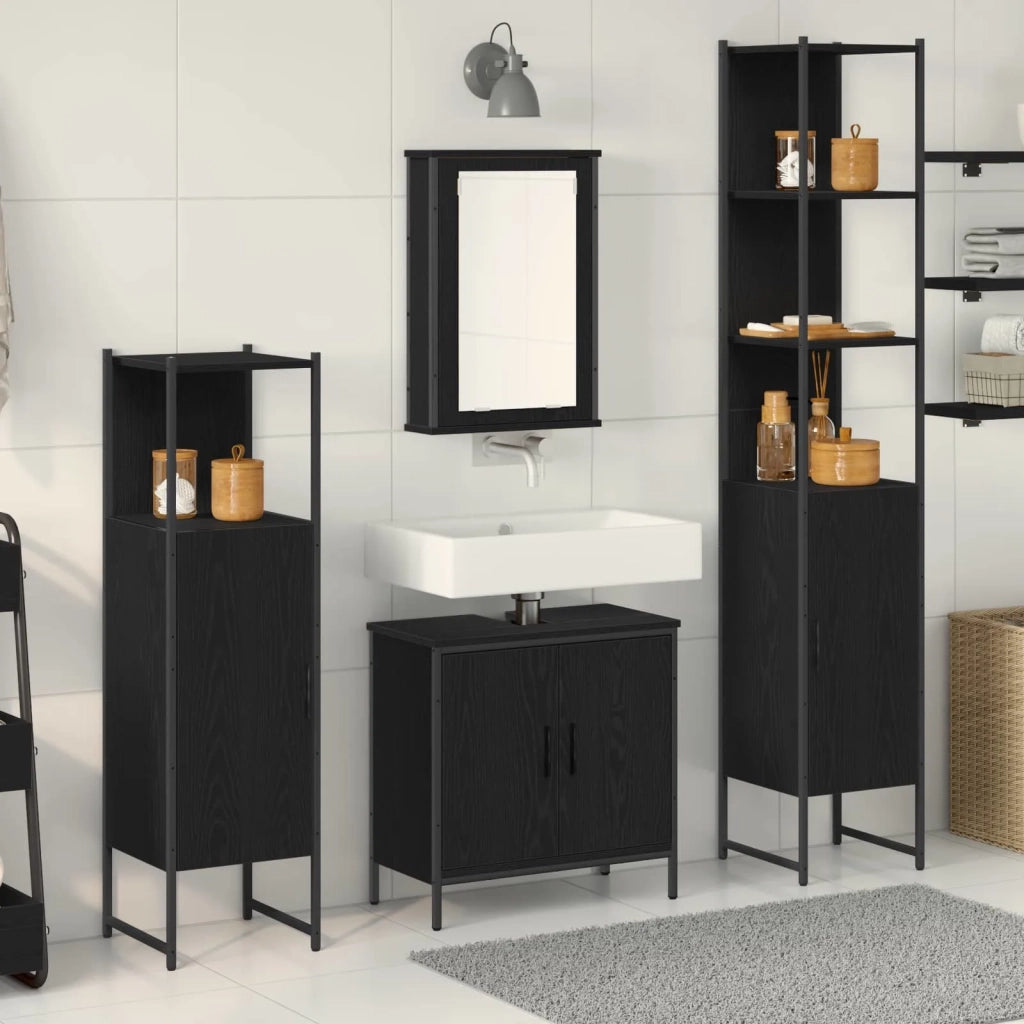 Set di mobili per il Bagno | Armadio da bagno 4 pz Nero Legno multistrato