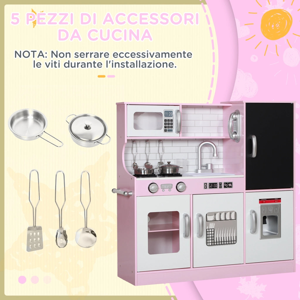 Cucina Giocattolo in Legno per Bambini 3-8 Anni con Fornelli. Microonde. Lavandino. e Accessori. Rosa